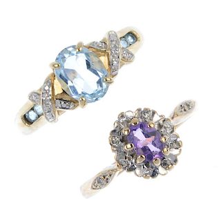 A selection of four 9ct gold gem-set rings. To include an amethyst and diamond cluster ring, a blue