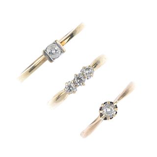 A selection of three diamond rings. To include a 9ct gold three-stone ring, together with two diamon