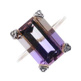 A 9ct gold ametrine and diamond accent ring. The rectangular-shape ametrine, within a single-cut dia
