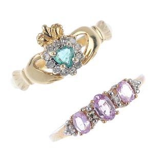 A selection of four diamond and gem-set dress rings. To include a 9ct gold emerald and diamond clust