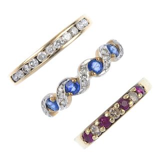 A selection of three diamond and gem-set rings. To include a 9ct gold sapphire and diamond dress rin