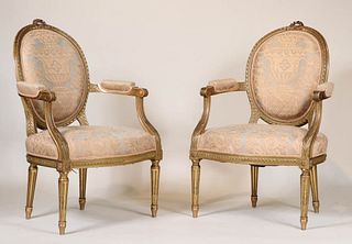 Pair of Louis XVI Style Carved Giltwood Fauteuils