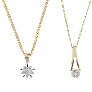 A selection of diamond jewellery. To include two 9ct gold diamond cluster pendants, each suspended f