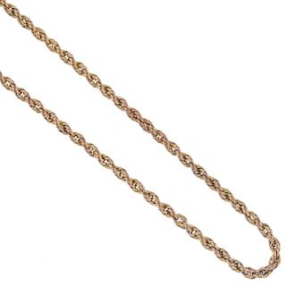 A necklace. Comprising a rope-twist chain, with clasp. Length 63cms. Weight 11.2gms. <br><br>Overall