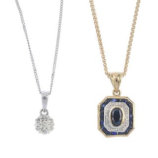 Two diamond and gem-set cluster pendants. To include a 9ct gold sapphire and diamond pendant, togeth