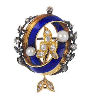 A late 19th century gold and silver cultured pearl, enamel and diamond brooch. Designed as an old-cu