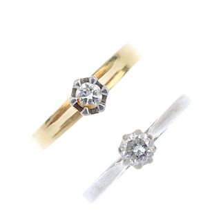 Two diamond single-stone rings. To include an 18ct gold brilliant-cut diamond ring, together with an