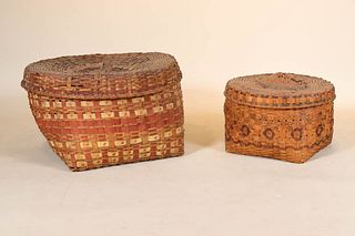 Two Large Stamped Woven Splint Covered Baskets