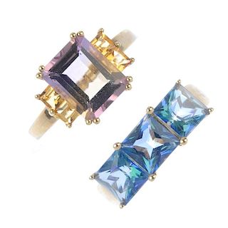A selection of five 9ct gold gem-set rings. To include a ruby five-stone ring, an ametrine and citri