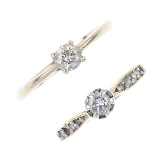 Two 9ct gold diamond rings. To include a brilliant-cut diamond single-stone ring, together with a si