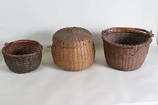 Three Woven Splint Swing-Handled Baskets