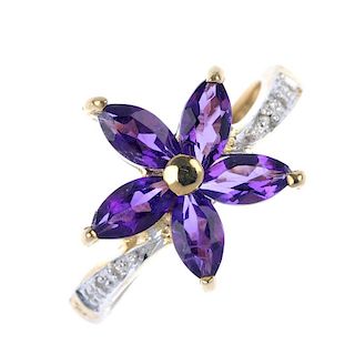 A 9ct gold amethyst and diamond floral ring. The marquise-shape amethyst flower, to the single-cut d