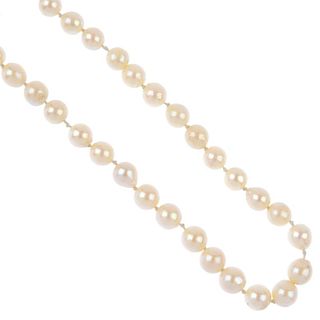 A single-strand cultured pearl necklace and ear studs. Comprising seventy-nine graduated cultured pe
