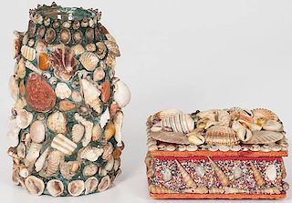 Folk Art Shell-Encrusted Dresser Box and Jar 