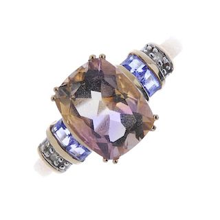 A 9ct gold diamond and gem-set ring. The cushion-shape ametrine, to the square-shape tanzanite and s