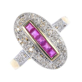 A 9ct gold ruby and diamond dress ring. The square-shape ruby line, within a single-cut diamond illu