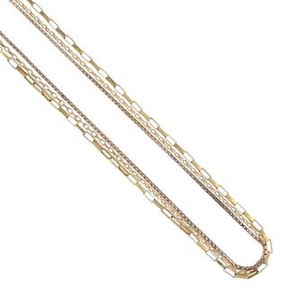 A selection of three 9ct gold necklaces. To include a box-link chain, a belcher-link chain and a rec