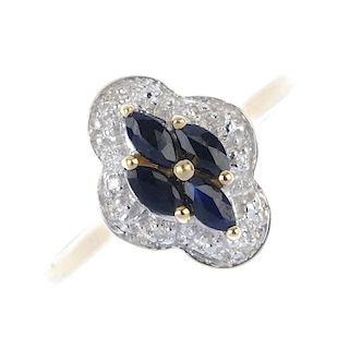 A 9ct gold sapphire and diamond dress ring. The four marquise-shape sapphires, within a single-cut d