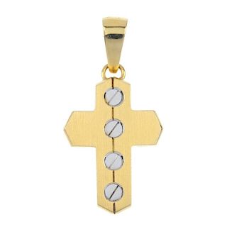 A cross pendant. Of bi-colour design, the angular terminal cross pendant, with screw-head motif high