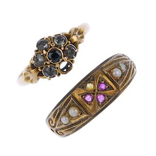 Two mid to late Victorian 15ct gold gem-set rings. To include a green and colourless paste floral cl