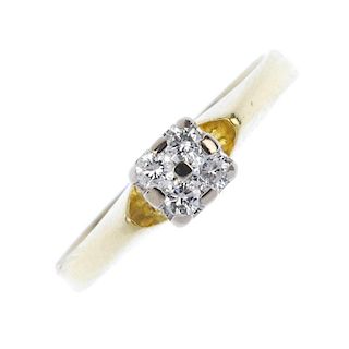 An 18ct gold diamond four-stone ring. The brilliant-cut diamond quatrefoil, to the angular shoulders
