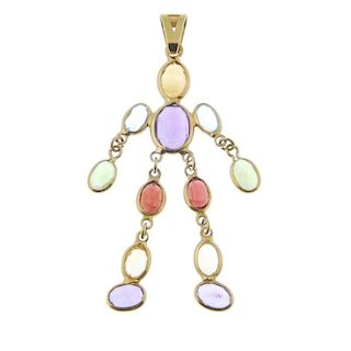 A gem-set pendant. Designed as a humanoid figure, set throughout with oval-shape citrine, amethyst,
