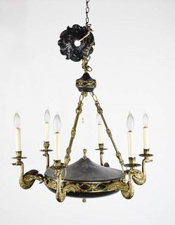Brass and Black Chandelier with Swan Arms