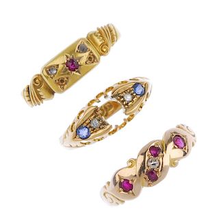 A selection of three late 19th to early 20th century gold diamond and gem-set rings. To include two