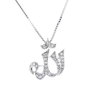 A diamond pendant. The single-cut diamond script, suspended from a fancy-link chain. Estimated total