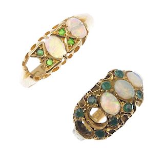 Two gold gem-set dress rings. To include a Victorian 15ct opal and emerald dress ring, together with