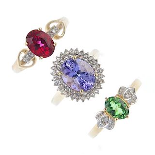 A selection of three gold diamond and gem-set rings. To include an 18ct gold tsavorite garnet and di