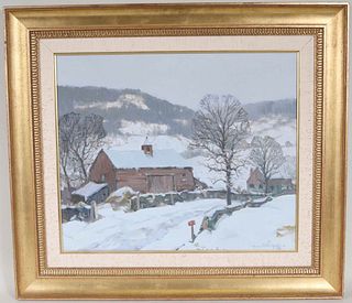 Hobart Nichols Jr. Oil on Canvas Snowy Farm Scene
