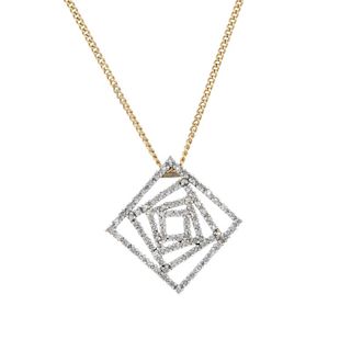 A 9ct gold diamond pendant. Designed as a graduated series of single-cut diamond squares, set at ang