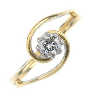 An 18ct gold diamond single-stone ring. The brilliant-cut diamond, to the spiral sides and plain ban