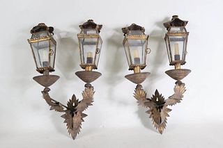 Pair of 2-Light Tole & Glass Candle Wall Sconces