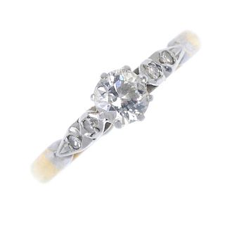 An mid 20th century 18ct gold diamond single-stone ring. The old-cut diamond, with graduated single-