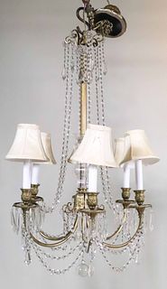 Brass and Crystal Six Light Chandelier