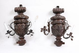 Pair of Carved Oak Two Light Wall Sconces