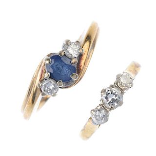 Two diamond and gem-set rings. To include an 18ct gold diamond three-stone ring and a 9ct gold sapph