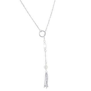 A platinum and cultured pearl necklace. Of lariat design, the cultured pearl, suspending a tassel, t