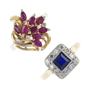 Two diamond and gem-set rings and a paste ear stud. To include a mid 20th century 18ct gold square-s