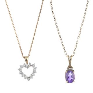 A selection of four pendants. To include an amethyst and diamond pendant, suspended from a 9ct gold