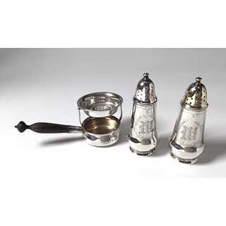 Sterling Silver Tea Strainer and Pair Sterling Salt and Pepper Shakers