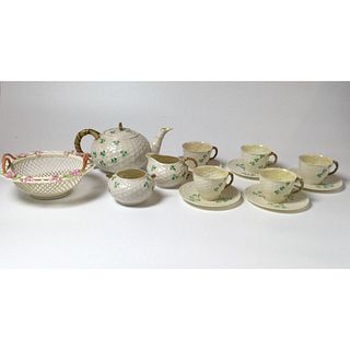 Belleek Tea set and Woven Bowl