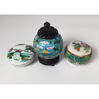 3 Piece Lot, 2 Rouge Boxes and Enameled Incense Jar