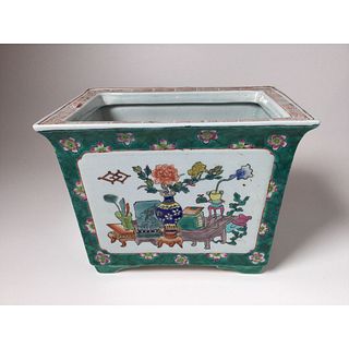Vintage Chinese Famille Rose Square Flower Pot Green