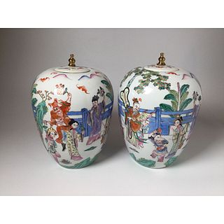 Pair Chinese Famille Rose Figural Vases wide Lids