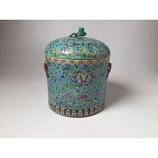 Vintage Chinese Turquoise Glaze Famille Rose Jar with Cover