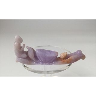 Natural Chinese Carved Lavender Jadeite Boat with Figure
