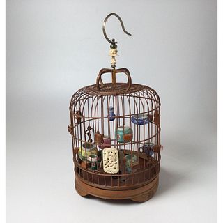 Vintage Chinese Bamboo Bird Cage with Carved Bone Inlay and Porcelain Feeders